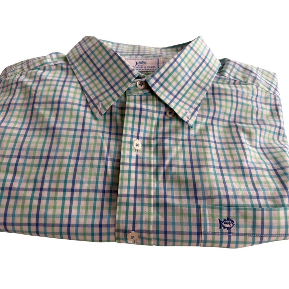 Southern Tide Mens Large Green Blue Plaid Long Sleeve Button Down Shirt Skipjack